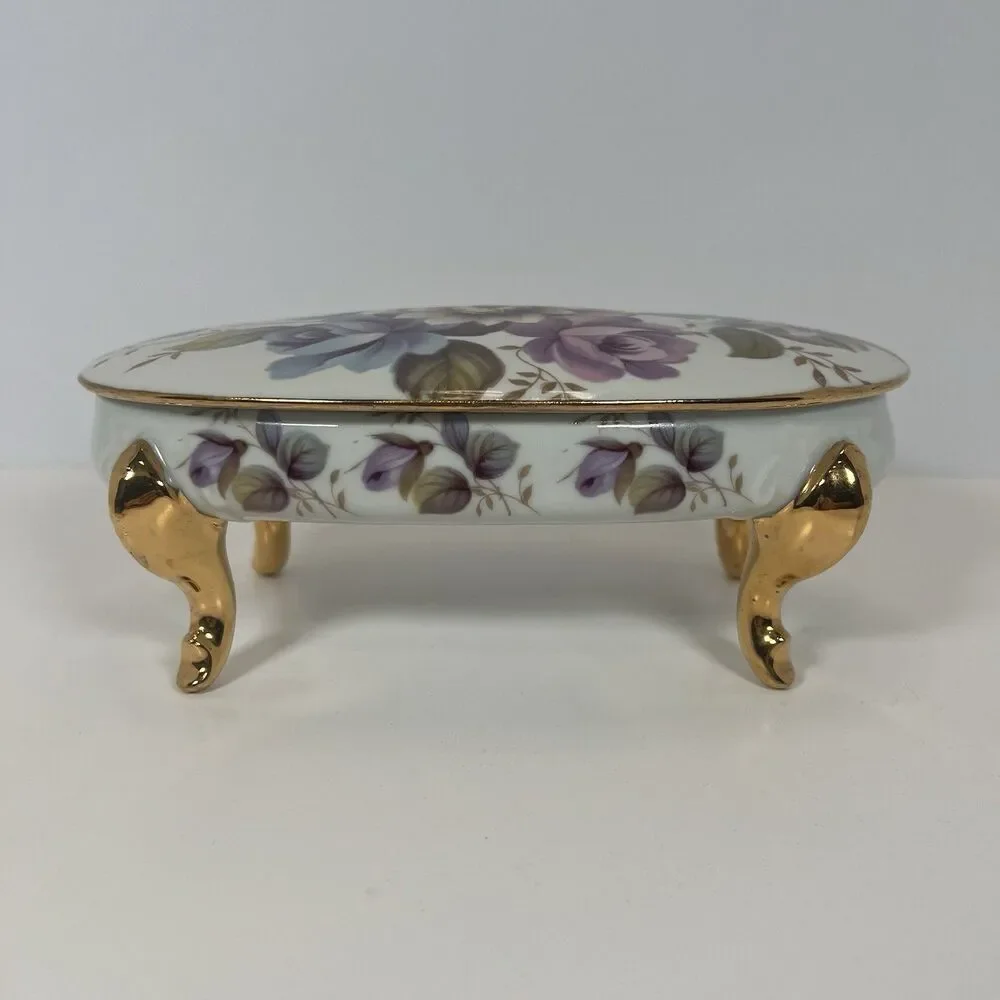 Porcelain Trinket Box With Gold Gilded Feet Oval Shaped With‎ Hand Painted Roses
